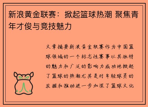 新浪黄金联赛：掀起篮球热潮 聚焦青年才俊与竞技魅力